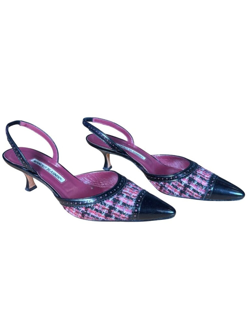 Manolo Blahnik Carolyne Black Pink Tweed Kitten Heel Slingback Pumps Size EU 39